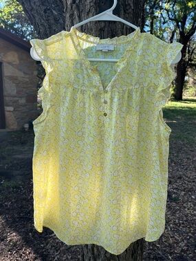 LOFT Yellow White Floral Ruffle Sleeve Tank Top